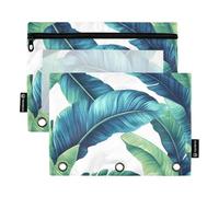 Quteprint Astuccio per raccoglitori a 3 anelli, foglie di palma esotiche tropicali, confezione da 2 astucci con cerniera con finestra trasparente e occhielli rinforzati per raccoglitore, organizer per