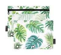 Quteprint Astuccio per raccoglitori a 3 anelli, foglie di palma tropicali acquerelli, confezione da 2 astucci con cerniera con finestra trasparente e occhielli rinforzati per raccoglitore, astuccio