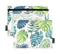 Quteprint Astuccio per raccoglitori a 3 anelli, foglie tropicali di palma esotica, confezione da 2 astucci con cerniera con finestra trasparente e occhielli rinforzati per raccoglitore, organizer per