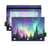 Quteprint Astuccio per raccoglitori a 3 anelli, foresta Galaxy Aurora Borealis, confezione da 2 astucci con cerniera con finestra trasparente e occhielli rinforzati per raccoglitore, astuccio