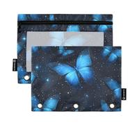 Quteprint Astuccio per raccoglitori a 3 anelli, Galaxy Star Blue Butterfly, confezione da 2 astucci con cerniera con finestra trasparente e occhielli rinforzati per raccoglitore, astuccio organizer