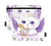 Quteprint Astuccio per raccoglitori a 3 anelli, gatto carino gattino ali viola, confezione da 2 astuccio con cerniera con finestra trasparente e occhielli rinforzati per raccoglitore, astuccio