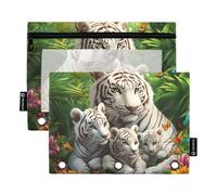 Quteprint Astuccio per raccoglitori a 3 anelli, giungla, tigre, farfalla, fiore, confezione da 2 astucci con cerniera con finestra trasparente e occhielli rinforzati per raccoglitore, astuccio