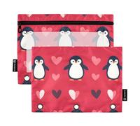 Quteprint Astuccio per raccoglitori a 3 anelli, graziosi pinguini e cuori, confezione da 2 astucci con cerniera con finestra trasparente e occhielli rinforzati per raccoglitore, organizer per matite