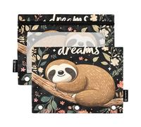 Quteprint Astuccio per raccoglitori a 3 anelli, grazioso bradipo su albero e fiore, confezione da 2 astucci con cerniera con finestra trasparente e occhielli rinforzati per raccoglitore, astuccio