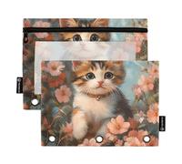 Quteprint Astuccio per raccoglitori a 3 anelli, grazioso dipinto di fiori di gatto, confezione da 2 astucci con cerniera con finestra trasparente e occhielli rinforzati per raccoglitore, astuccio