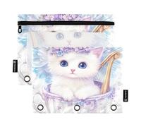 Quteprint Astuccio per raccoglitori a 3 anelli, grazioso gattino con ali, confezione da 2 astucci con cerniera con finestra trasparente e occhielli rinforzati per raccoglitore, organizer per matite