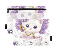 Quteprint Astuccio per raccoglitori a 3 anelli, grazioso gatto viola ali e fiori, confezione da 2 astuccio con cerniera con finestra trasparente e occhielli rinforzati per raccoglitore, astuccio