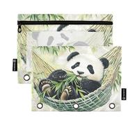 Quteprint Astuccio per raccoglitori a 3 anelli, grazioso panda che mangia bambù, confezione da 2 astucci con cerniera con finestra trasparente e occhielli rinforzati per raccoglitore, astuccio