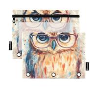 Quteprint Astuccio per raccoglitori a 3 anelli, gufo dipinto ad acquerello, confezione da 2 astucci con cerniera con finestra trasparente e occhielli rinforzati per raccoglitore, astuccio organizer