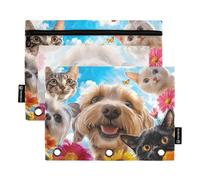 Quteprint Astuccio per raccoglitori a 3 anelli, Happy Dogs Cats Spring Flowers, confezione da 2 astucci con cerniera con finestra trasparente e occhielli rinforzati per raccoglitore, astuccio