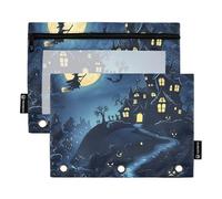 Quteprint Astuccio per raccoglitori a 3 anelli, Happy Halloween Witch Moon, confezione da 2 astucci con cerniera con finestra trasparente e occhielli rinforzati per raccoglitore, astuccio organizer