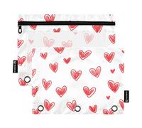 Quteprint Astuccio per raccoglitori a 3 anelli, Happy Valentine Red Love Hearts, confezione da 2 astucci con cerniera con finestra trasparente e occhielli rinforzati per raccoglitore, astuccio