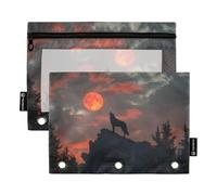 Quteprint Astuccio per raccoglitori a 3 anelli, Howling Wolf Full Moon, confezione da 2 astucci con cerniera con finestra trasparente e occhielli rinforzati per raccoglitore, astuccio organizer per