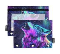 Quteprint Astuccio per raccoglitori a 3 anelli, Howling Wolf Galaxy, confezione da 2 astuccio con cerniera con finestra trasparente e occhielli rinforzati per raccoglitore, astuccio organizer per
