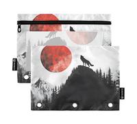 Quteprint Astuccio per raccoglitori a 3 anelli, Howling Wolf Hill Moon, confezione da 2 astucci con cerniera con finestra trasparente e occhielli rinforzati per raccoglitore, astuccio organizer per