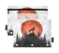 Quteprint Astuccio per raccoglitori a 3 anelli, Howling Wolf Hill Red Moon, confezione da 2 astucci con cerniera con finestra trasparente e occhielli rinforzati per raccoglitore, astuccio organizer