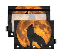 Quteprint Astuccio per raccoglitori a 3 anelli, Howling Wolf Moon, confezione da 2 astucci con cerniera con finestra trasparente e occhielli rinforzati per raccoglitore, astuccio organizer per ufficio