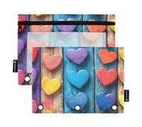 Quteprint Astuccio per raccoglitori a 3 anelli, in legno con cuori colorati, confezione da 2 astuccio con cerniera con finestra trasparente e occhielli rinforzati per raccoglitore, astuccio organizer