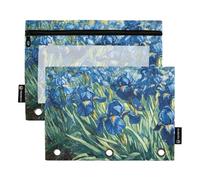 Quteprint Astuccio per raccoglitori a 3 anelli, Irises Vincent Van Gogh, confezione da 2 astucci con cerniera con finestra trasparente e occhielli rinforzati per raccoglitore, astuccio organizer per