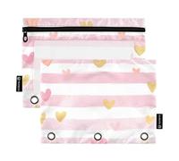 Quteprint Astuccio per raccoglitori a 3 anelli, motivo a righe rosa e oro, con cuori, confezione da 2 astucci con cerniera con finestra trasparente e occhielli rinforzati per raccoglitore, astuccio