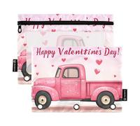 Quteprint Astuccio per raccoglitori a 3 anelli, motivo camioncino rosa con cuori, confezione da 2 astucci con cerniera con finestra trasparente e occhielli rinforzati per raccoglitore, organizer per