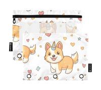 Quteprint Astuccio per raccoglitori a 3 anelli, motivo cane kawaii, corgi, cuori, stelle, confezione da 2 astucci con cerniera, con finestra trasparente e occhielli rinforzati per raccoglitore