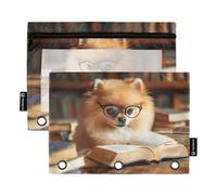 Quteprint Astuccio per raccoglitori a 3 anelli, motivo cane sta leggendo un libro, confezione da 2 astucci con cerniera con finestra trasparente e occhielli rinforzati per raccoglitore, astuccio