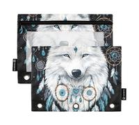 Quteprint Astuccio per raccoglitori a 3 anelli, motivo cuore boho piume lupo, confezione da 2 astuccio con cerniera con finestra trasparente e occhielli rinforzati per raccoglitore, astuccio organizer