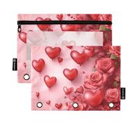 Quteprint Astuccio per raccoglitori a 3 anelli, motivo cuori di San Valentino, confezione da 2 astucci con cerniera con finestra trasparente e occhielli rinforzati per raccoglitore, organizer per