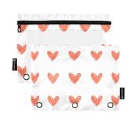 Quteprint Astuccio per raccoglitori a 3 anelli, motivo cuori rossi, confezione da 2 astucci con cerniera con finestra trasparente e occhielli rinforzati per raccoglitore, organizer per matite per