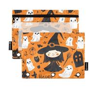 Quteprint Astuccio per raccoglitori a 3 anelli, motivo fantasmi streghe di Halloween, confezione da 2 astucci con cerniera con finestra trasparente e occhielli rinforzati per raccoglitore, astuccio