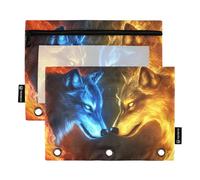 Quteprint Astuccio per raccoglitori a 3 anelli, motivo "Fire Two Wolves Facing Wolf", confezione da 2 astucci con cerniera con finestra trasparente e occhielli rinforzati per raccoglitore, astuccio