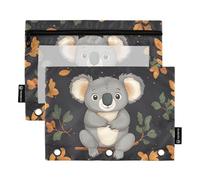 Quteprint Astuccio per raccoglitori a 3 anelli, motivo foglie di quercia koala, confezione da 2 astucci con cerniera con finestra trasparente e occhielli rinforzati per raccoglitore, organizer per