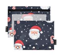 Quteprint Astuccio per raccoglitori a 3 anelli, motivo natalizio con Babbo Natale, confezione da 2 astucci con cerniera con finestra trasparente e occhielli rinforzati per raccoglitore, organizer per