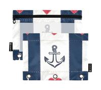 Quteprint Astuccio per raccoglitori a 3 anelli, motivo nautico a righe e ancora, confezione da 2 astucci con cerniera con finestra trasparente e occhielli rinforzati per raccoglitore, organizer per