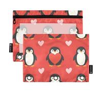 Quteprint Astuccio per raccoglitori a 3 anelli, motivo pinguini e cuori, confezione da 2 astucci con cerniera con finestra trasparente e occhielli rinforzati per raccoglitore, organizer per matite per
