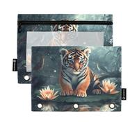 Quteprint Astuccio per raccoglitori a 3 anelli, motivo tigre e fiori di loto, confezione da 2 astucci con cerniera con finestra trasparente e occhielli rinforzati per raccoglitore, astuccio organizer
