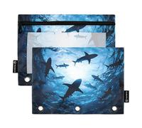 Quteprint Astuccio per raccoglitori a 3 anelli, motivo Under Ocean Sharks, confezione da 2 astucci con cerniera con finestra trasparente e occhielli rinforzati per raccoglitore, organizer per matite