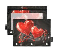 Quteprint Astuccio per raccoglitori a 3 anelli, note musicali cuori rossi, confezione da 2 astucci con cerniera con finestra trasparente e occhielli rinforzati per raccoglitore, astuccio organizer per