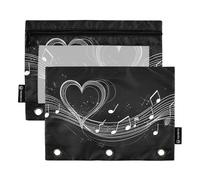 Quteprint Astuccio per raccoglitori a 3 anelli, note musicali e cuori, confezione da 2 astucci con cerniera con finestra trasparente e occhielli rinforzati per raccoglitore, astuccio organizer per