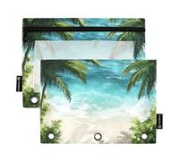 Quteprint Astuccio per raccoglitori a 3 anelli, palma tropicale, oceano, confezione da 2 astucci con cerniera con finestra trasparente e occhielli rinforzati per raccoglitore, organizer per matite per