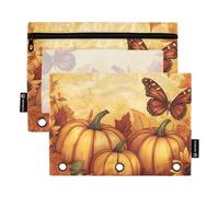 Quteprint Astuccio per raccoglitori a 3 anelli, raccolta autunnale, zucca, farfalla, girasole, confezione da 2 astucci con cerniera con finestra trasparente e occhielli rinforzati per raccoglitore