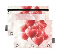 Quteprint Astuccio per raccoglitori a 3 anelli, San Valentino, cuori e palloncini, confezione da 2 astucci con cerniera con finestra trasparente e occhielli rinforzati per raccoglitore, organizer per