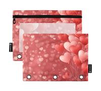 Quteprint Astuccio per raccoglitori a 3 anelli, San Valentino, cuori e palloncini, confezione da 2 astucci con cerniera con finestra trasparente e occhielli rinforzati per raccoglitore, organizer per