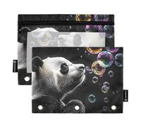 Quteprint Astuccio per raccoglitori a 3 anelli, simpatico panda con bolle colorate, confezione da 2 astucci con cerniera con finestra trasparente e occhielli rinforzati per raccoglitore, organizer per