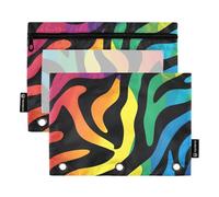 Quteprint Astuccio per raccoglitori a 3 anelli, stampa zebra arcobaleno animale, confezione da 2 astucci con cerniera con finestra trasparente e occhielli rinforzati per raccoglitore, astuccio