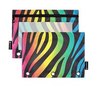 Quteprint Astuccio per raccoglitori a 3 anelli, stampa zebra arcobaleno, confezione da 2 astucci con cerniera con finestra trasparente e occhielli rinforzati per raccoglitore, organizer per matite per