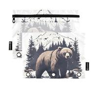 Quteprint Astuccio per raccoglitori a 3 anelli, stile vintage, con montagne della foresta e orso, confezione da 2 astucci con cerniera con finestra trasparente e occhielli rinforzati per raccoglitore