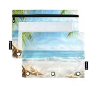 Quteprint Astuccio per raccoglitori a 3 anelli, Sunny Beach, foglie di palma, stelle marine, confezione da 2 astucci con cerniera con finestra trasparente e occhielli rinforzati per raccoglitore
